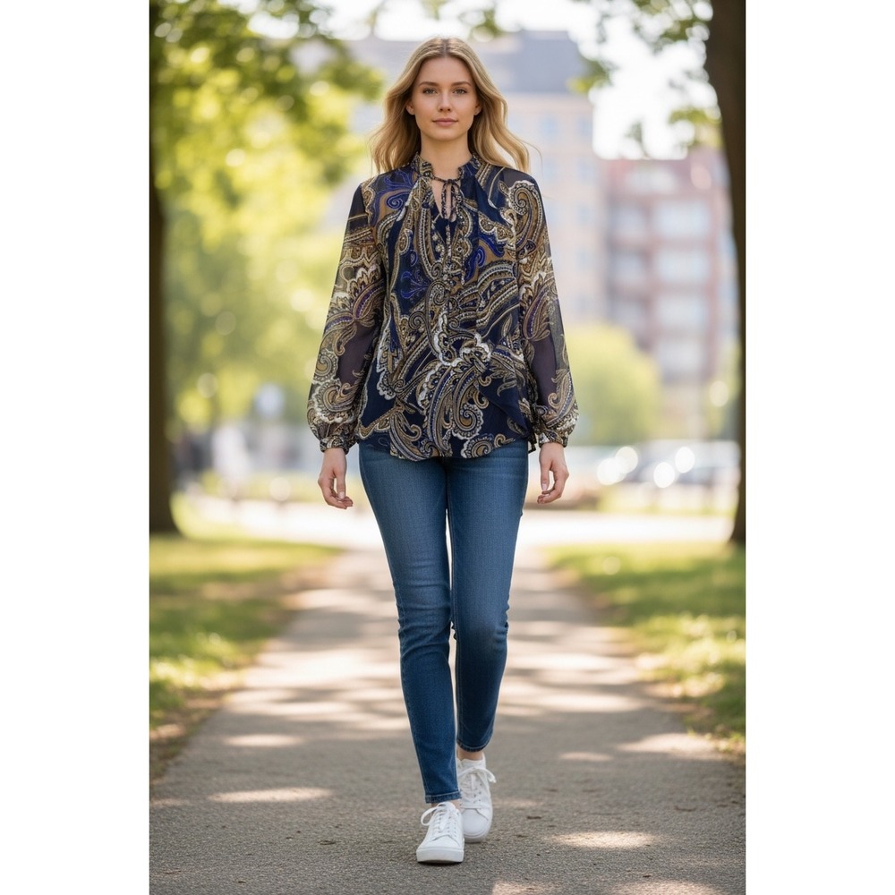 Chico's Navy Gold Paisley Sheer Chiffon Ruffle High Low Blouse Top Size 1‎ M